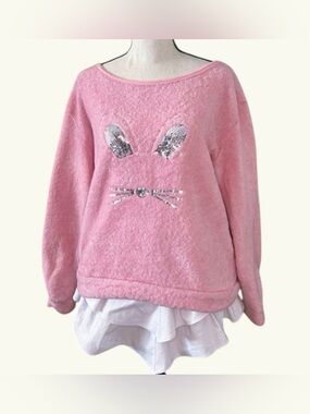 Pink Plush Sequin Bunny Face pajama top -girls Xl (14-16)